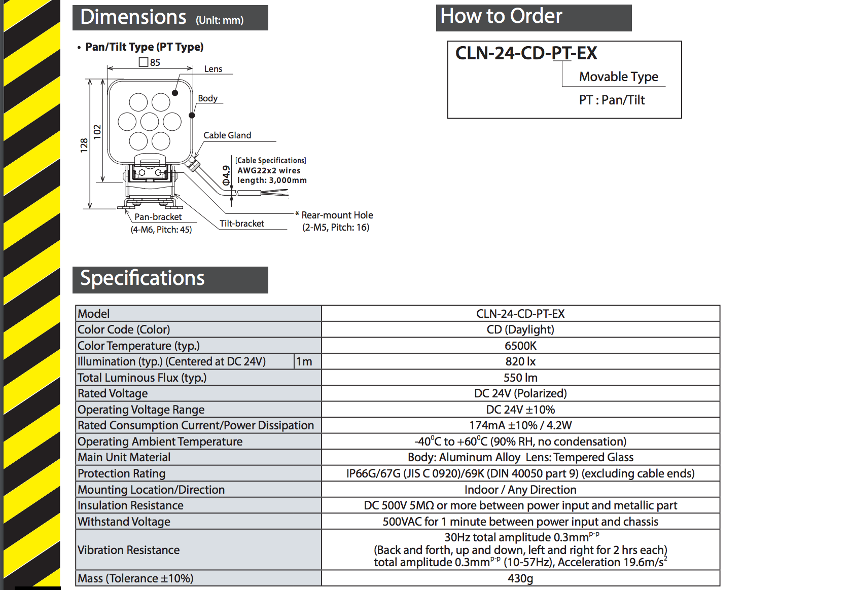 PATLITE CLN explosion proof work light. EX ATEX II 3GD Ex nA IIC T4 Gc, Ex tc IIIC T135ーC Dc IP65.