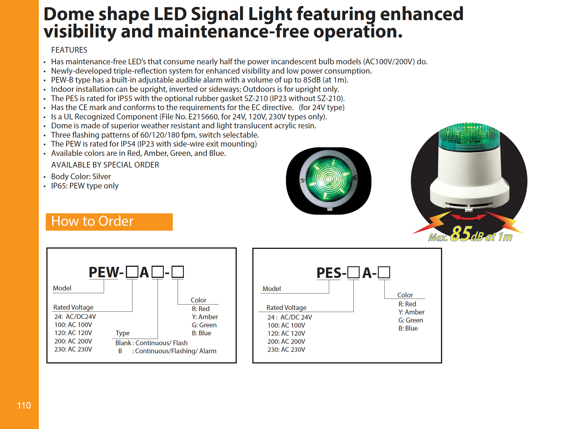 PATLITE PES-24 PES-24A Steady Static FLASHING LED Warning Light Beacon Security Building Indicating Breast Lamp