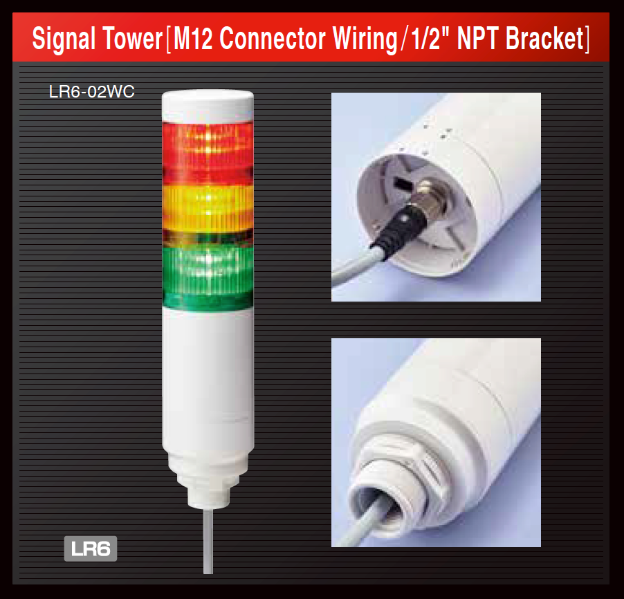 patlite lr6 lrw-wc lr6-02wc lr6-302wcnw-ryg lr6-302wcbw-ryg led signal tower light australia new zealand machine indication smart factory m12 connector npt bracket pole red amber green yellow signalfx