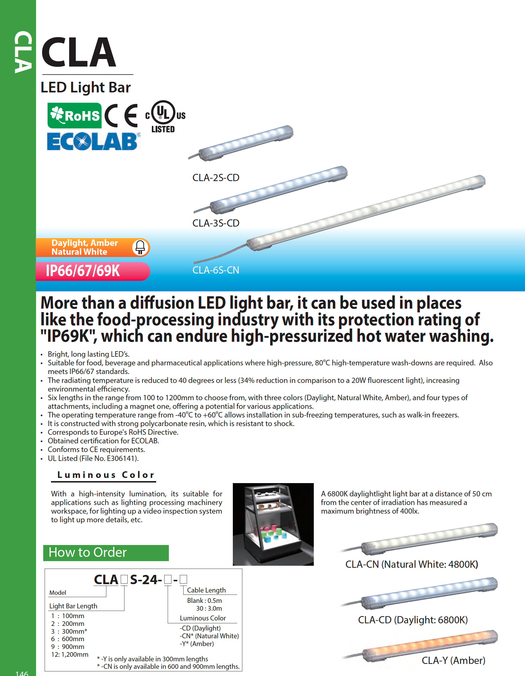 Patlite CLA CLA-A Australia LED Work Light Machine Lighting Vision Inspection CNC Cabinet Electrical IP69K Cleanroom Food Beverage Industrial IP rated IP65 IP69 IP68 IP67