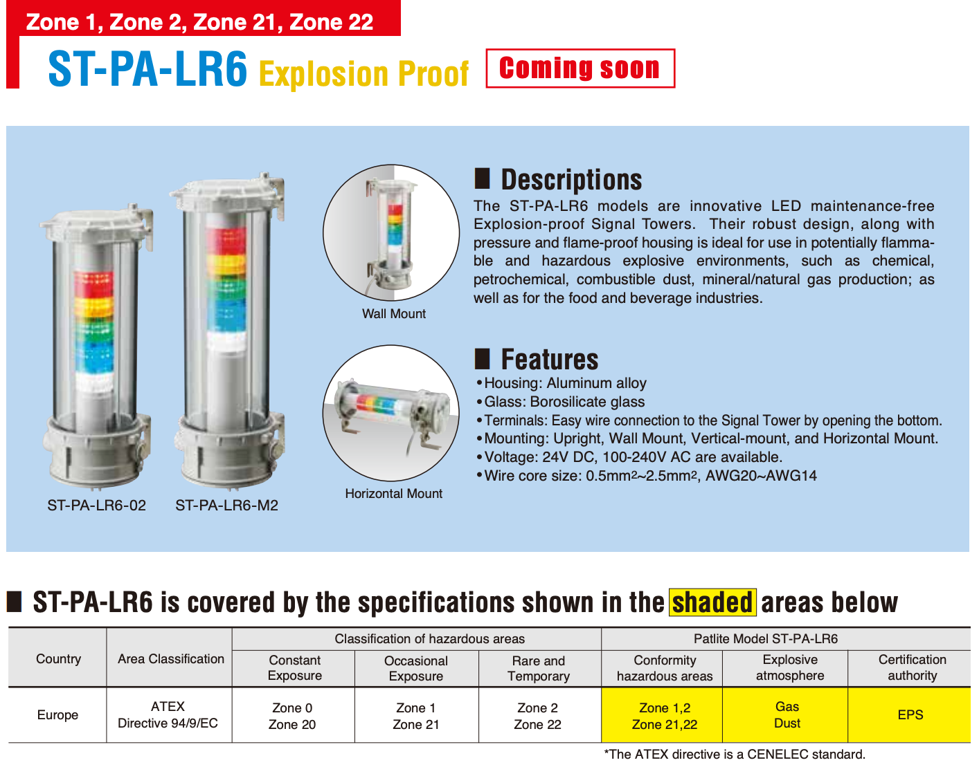 Patlite ST-PA-LR6 ST-PA-LR6502WJBWRYGBC EX Rated ATEX IECx Explosion Proof intrinsically safe flame proof hazardous area LED lights sounder alarm warning light multi signal indication