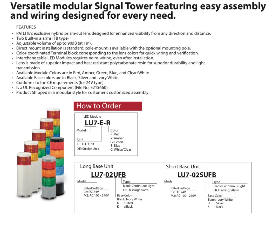 PATLITE LU7-02FB BASE LED Signal Tower Light Built-In Alarm Flasher